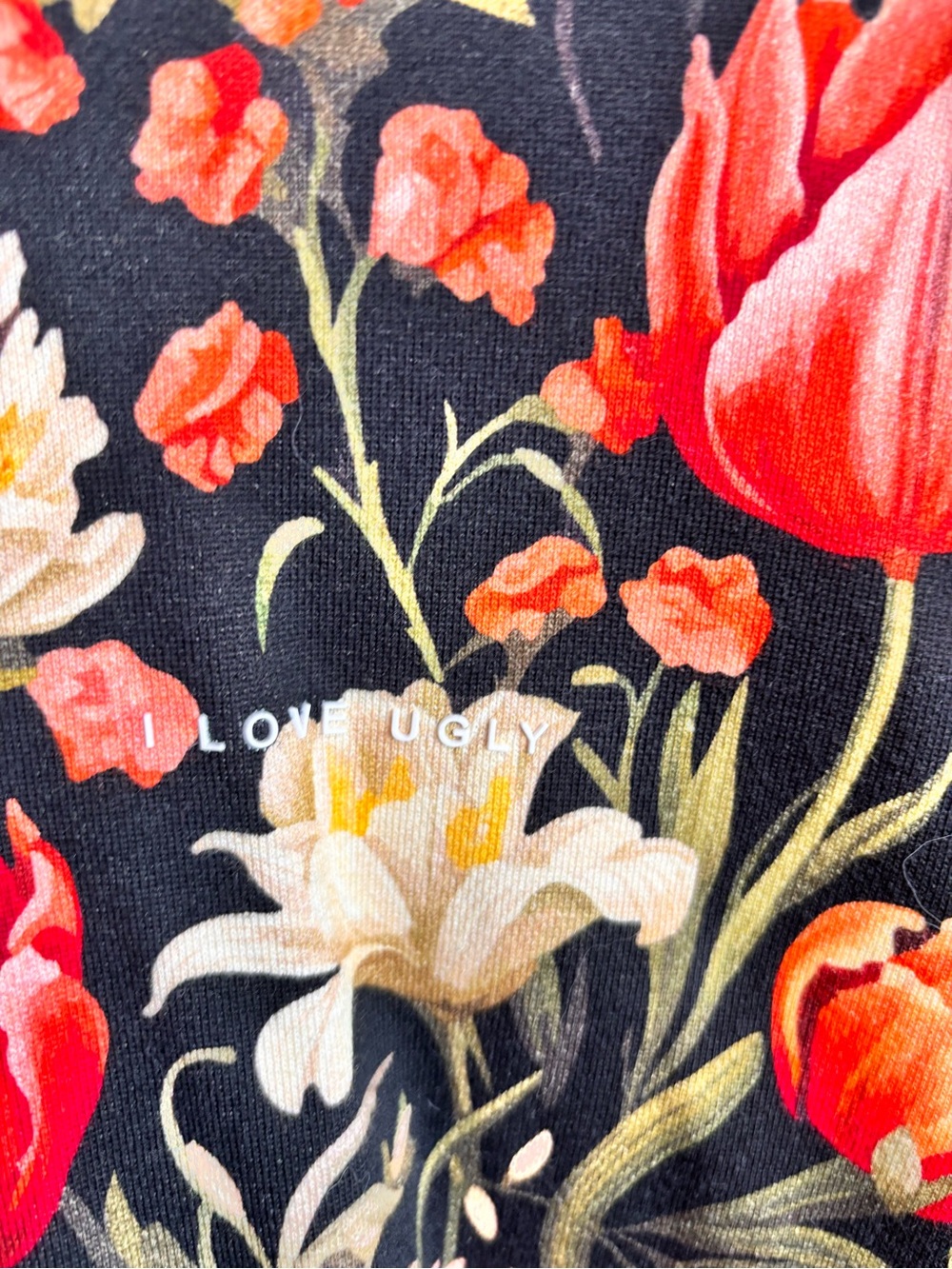 Men’s Print Black DESIGNER HOODIE with Red & Cream Blooms. Made in Auckland - Picture 3 of 8